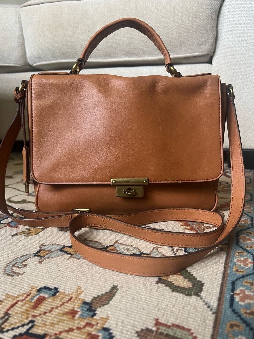 FOSSIL Memoir Messenger Bag - Tan Cowhide Leather Top-Handle Satchel